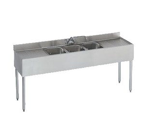 KRN 18-63C UNDERBAR SINK 6' 3-COMPT 2-DRN BDS W/FAUCET W/ SS OVERFLOW PIPES